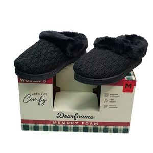 Dearfoams Memory Foam Slippers Women Size M 7-8 Black Knit Faux Fur Clog